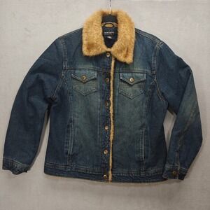 New York & Company Denim Jacket Womens L Faux Fur Trim Y2K Western Country Indie